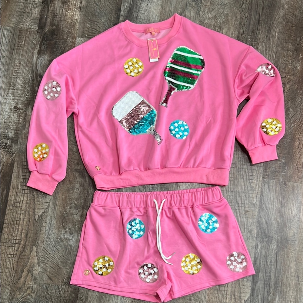 NWT Simply Southern Pink Sequin Pickleball Sweat Set - W XL